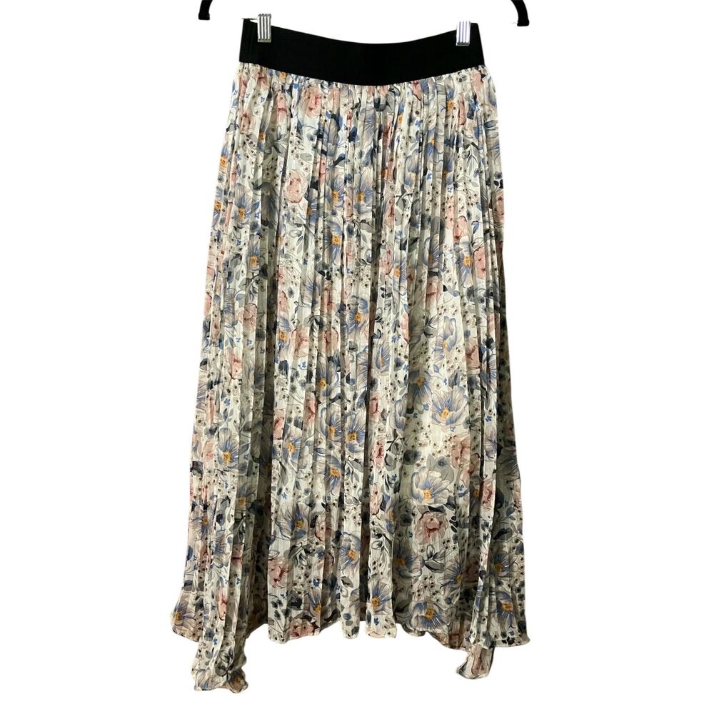 Elan floral pleated asymmetrical hem pull on midi skirt